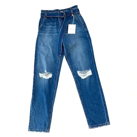 KanCan High Waist Belted Distressed Medium Wash Denim Tapered Leg Size 1/24 NWT - Picture 1 of 11